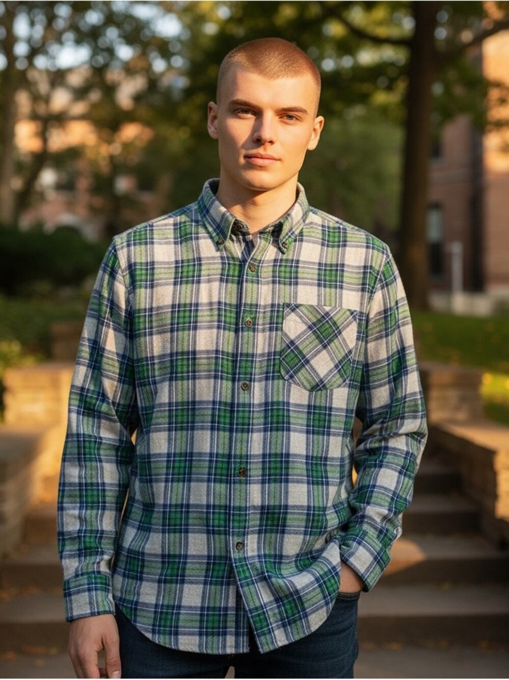 ST. JOHN’S BAY Men’s Medium Gray Green Plaid Flannel Shirt